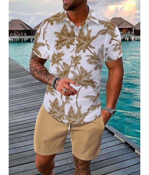 Tropical Coconut Tree Print Short Sleeve Hawaiian Shirt And Casual Shorts Two Pieces Set