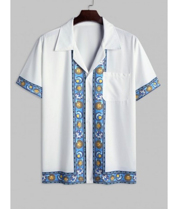 Men's Sun And Moon Galaxy Print Colorblock Lapel Collar Short Sleeves Summer Beach Vacation Shirt And Drawstring Shorts Set Men's Sun And Moon Galaxy Print Colorblock Lapel Collar Short Sleeves Summer Beach Vacation Shirt And Drawstring Shorts Set