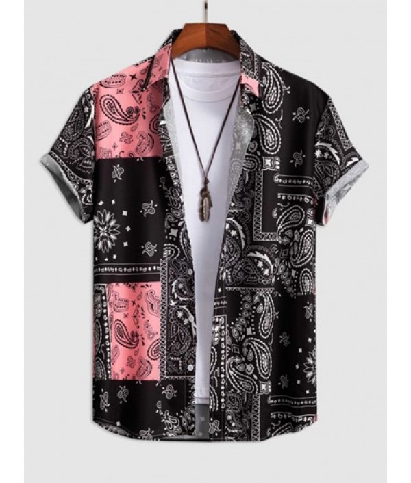 Men's Ethnic Style Paisley Floral Print Pattern Block Retro Casual Short Sleeves Shirt And Vacation Drawstring Board Shorts Set Men's Ethnic Style Paisley Floral Print Pattern Block Retro Casual Short Sleeves Shirt And Vacation Drawstring Board Shorts Set