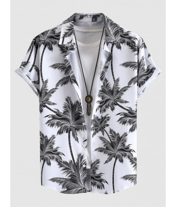 Men's Tropical Print Hawaiian Summer Beach Vacation Set Plant Coconut Tree Short Sleeve Button Shirt And Solid Label Design Drawstring Shorts Men's Tropical Print Hawaiian Summer Beach Vacation Set Plant Coconut Tree Short Sleeve Button Shirt And Solid Label Design Drawstring Shorts