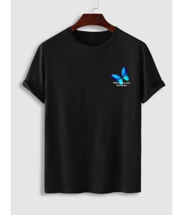 Men's Slogan Butterfly Pattern Crew Neck Short Sleeves T-shirt And Floral Print Jacquard Shorts Casual Set