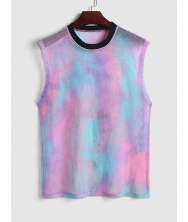 Men's See-through Loose Tie Dye Sheer Mesh Sleeveless Tank Top And Letter Pattern Multi-pockets Design Drawstring Cargo Shorts Set