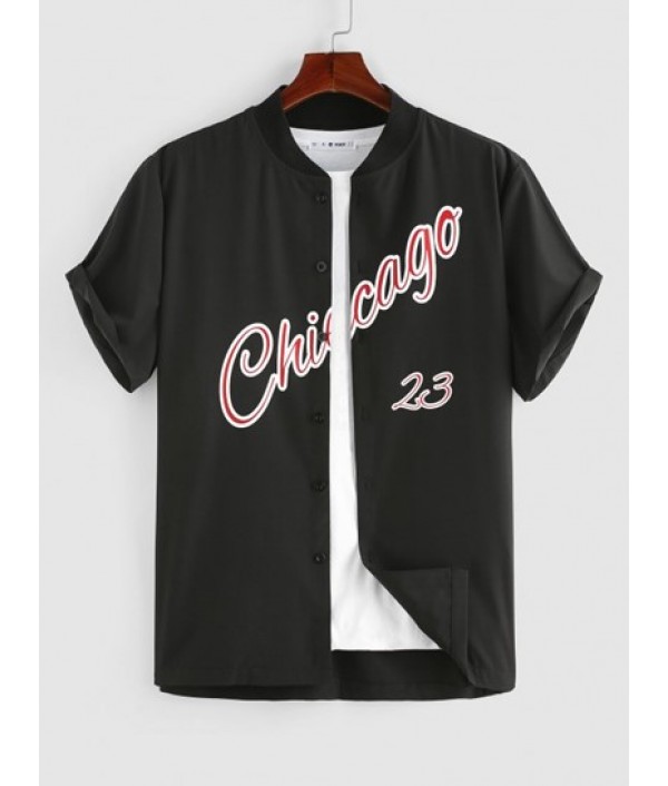 Men's Chicago Graphic Letter Print Short Sleeve Stand Collar Button Up Casual Baseball Shirt And Drawstring Sweat Shorts Sports Set