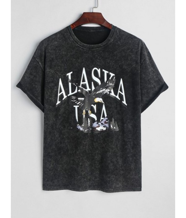 Men's Retro Washed Casual ALASAK USA Letter Eagle Graphic Drop Shoulder Short Sleeves 100% Cotton T Shirt And Pineapple Embroidered Applique Design Drawstring Casual Shorts Set