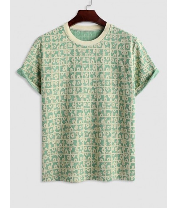 Men's Casual Athleisure Floral Checks Jacquard Textured Crew Neck Short Sleeves T Shirt Drawstring Shorts Two Piece Set Men's Casual Athleisure Floral Checks Jacquard Textured Crew Neck Short Sleeves T Shirt Drawstring Shorts Two Piece Set