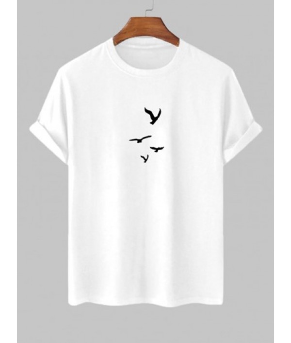 Birds Pattern Short Sleeves Cotton T-shirt And Drawstring Cargo Pants Set