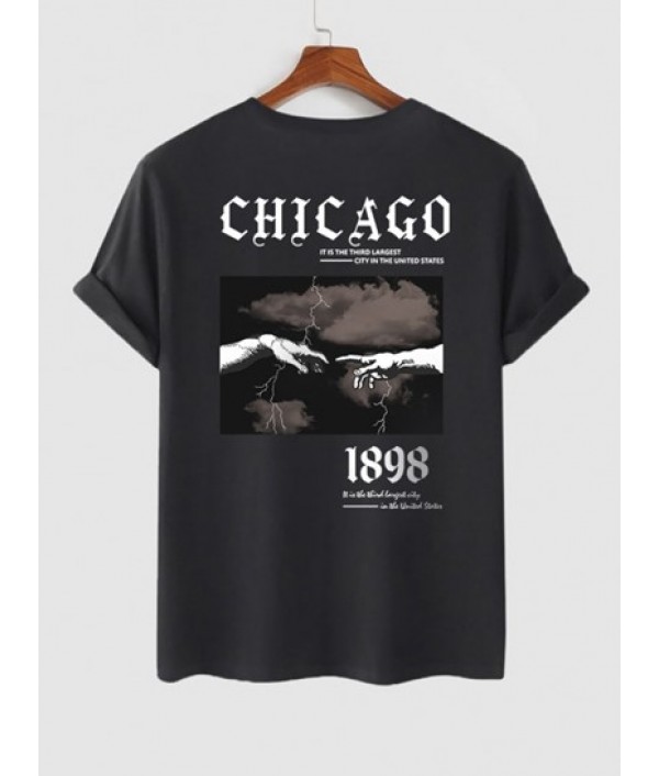 Men's Casual Vintage Gothic Letter CHICAGO Gesture Graphic Printed Short Sleeves T-shirt And  Drawstring Shorts Set