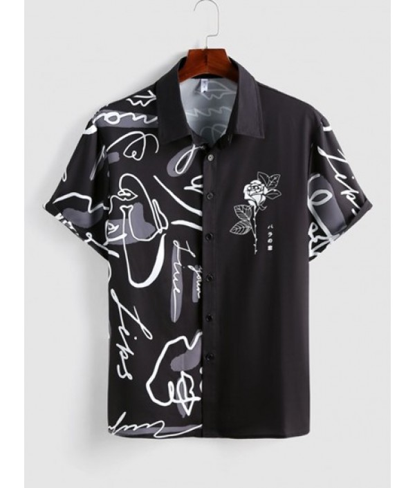Men's Casual Graffiti Floral Rose Printed Two Tone Colorblock Button Front Short Sleeve Summer Graphic Shirt And Two Tone Colorblock Multi-pockets Design Cargo Pants Set