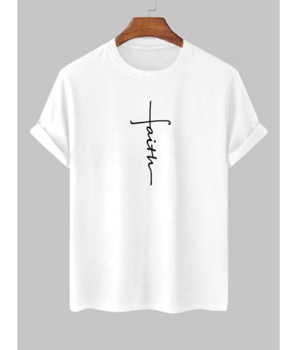 Men's Daily Casual Two Piece Set Faith Letter Printed Short Sleeves Crew Neck T-shirt With Drawstring Pocket Bermuda Shorts Set