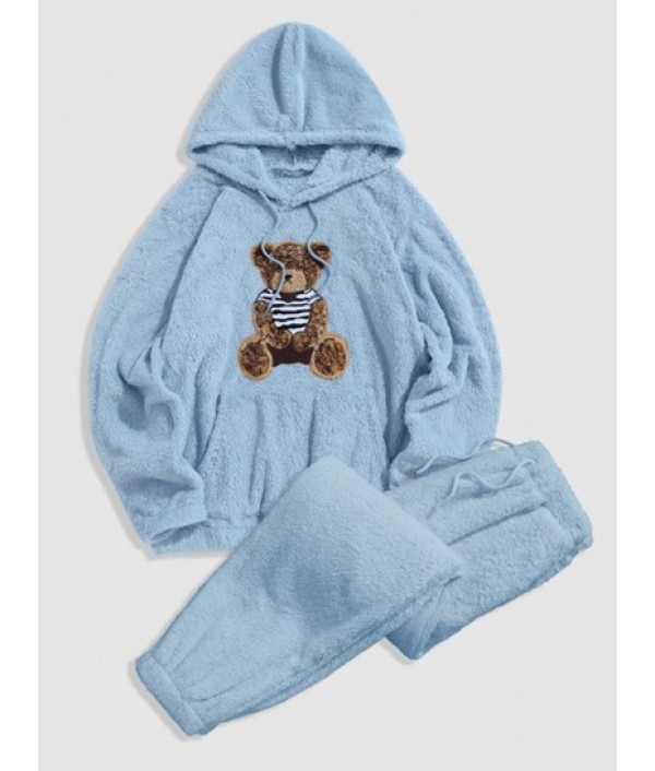 Bear Pattern Pullover Fluffy Teddy Hoodie And Beam Feet Pants Faux Fur Set