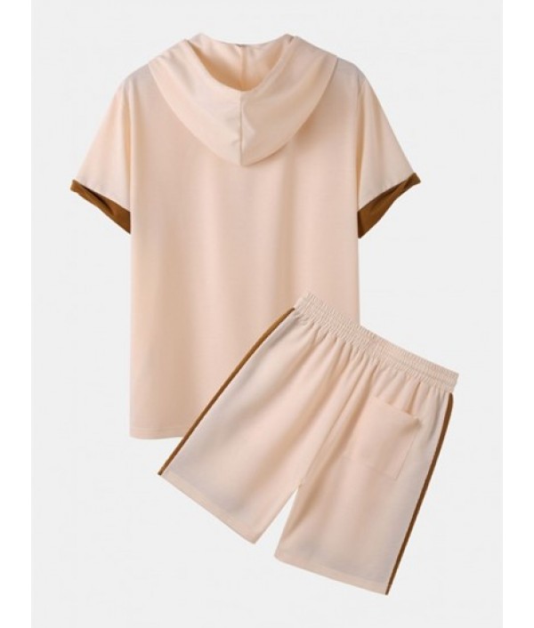 Color Spliced Rose Printed Hooded T-shirt And Japanese Printed Drawstring Shorts Set