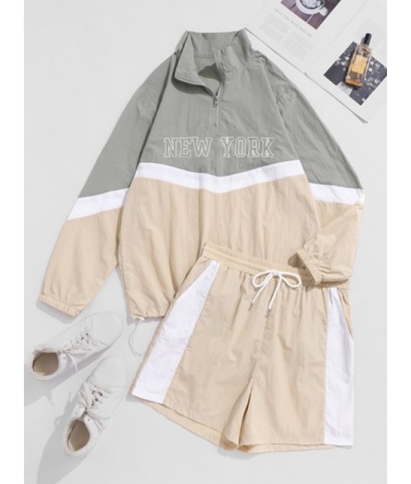 New York Embroidered Colorblock Pullover Windbreaker And Shorts Set