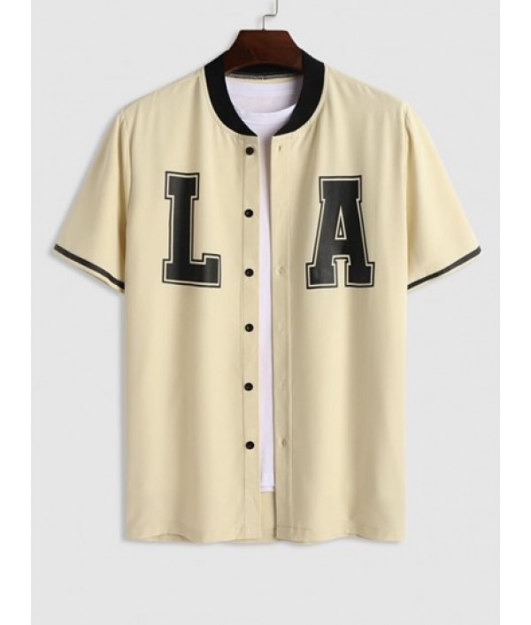 LA Print Stand Collar Short Sleeve Shirt With Drawstring Pocket Shorts Set