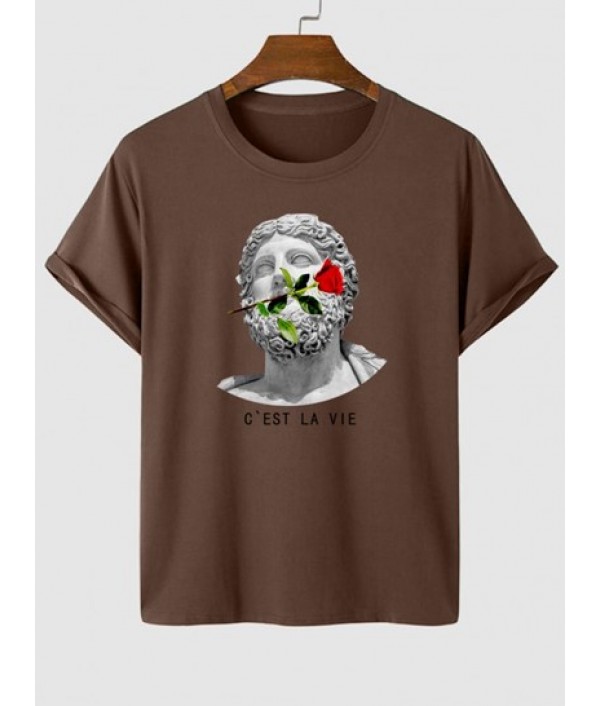 Men's Casual Sculpture Floral Rose Graphic Printed Short Sleeve T-shirt And Half And Half Two Tone C'EST LA VIE PARIS Embroidery Pocket Shorts Set