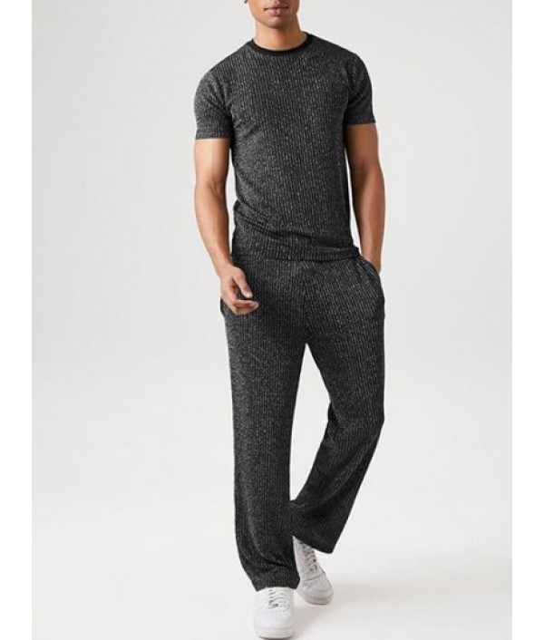 Men's Glitter Silver Metallic Yarn Textured Ribbed Short Sleeves T Shirt With Drawstring Straight Leg Pants Two Piece Set