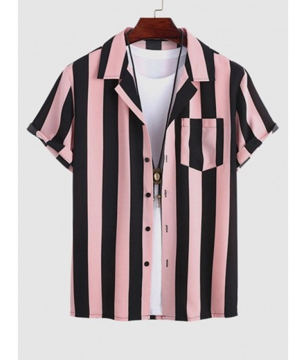 Men's Lapel Collar Short Sleeves Vertical Striped Colorblock Shirt With Basic Drawstring Shorts Set