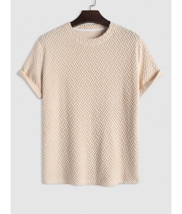 Men's Daily Casual Two Piece Set Terry Cloth Geometric Jacquard Textured Short Sleeves T-shirt With Drawstring Pocket Corduroy Textured Shorts Set