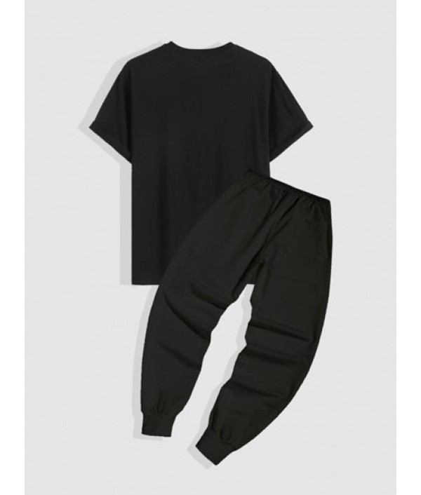 Rose Printed Short Sleeves T-shirt And Drawstring Sweatpants Set Rose Printed Short Sleeves T-shirt And Drawstring Sweatpants Set