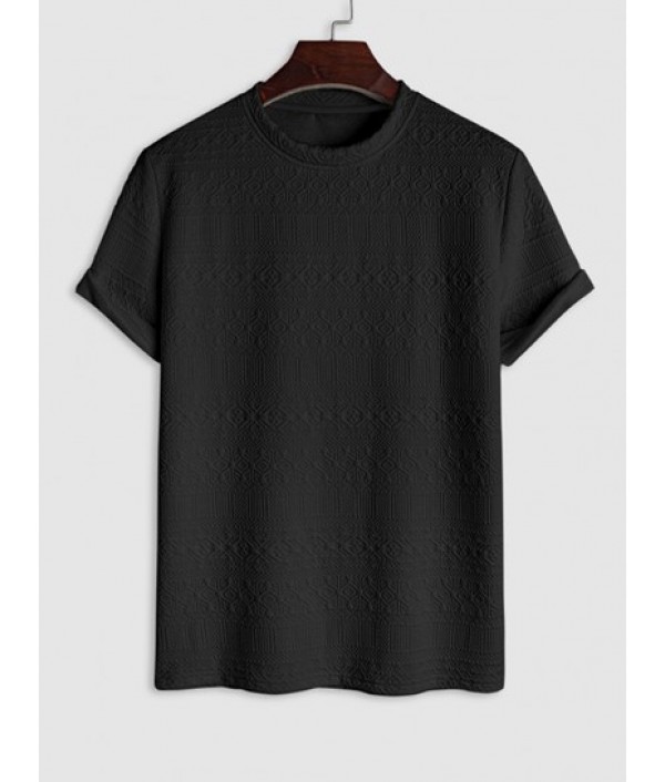 Men's Vintage Geometric Textured Jacquard Round Neck Short Sleeves T-shirt And Drawstring Bermuda Shorts Basic Set Men's Vintage Geometric Textured Jacquard Round Neck Short Sleeves T-shirt And Drawstring Bermuda Shorts Basic Set