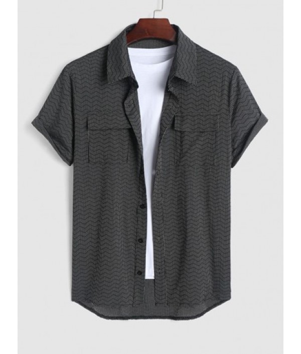 Wave Striped Pattern Flap Pockets Design Short Sleeves Shirt And Shorts Set Wave Striped Pattern Flap Pockets Design Short Sleeves Shirt And Shorts Set