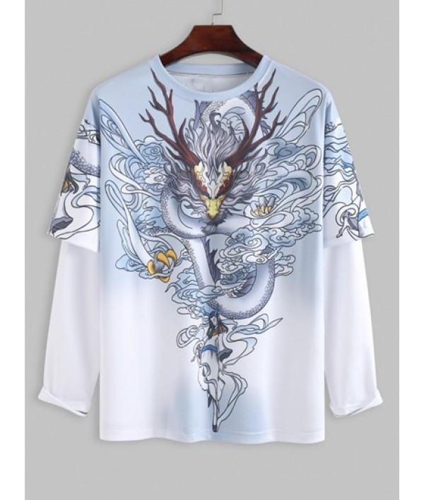 Men's Chinese Style Dragon Print Oriental Doctor Sleeve T Shirt And Drawstring Pocket Jogger Pants Set