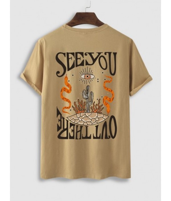 Men's Letter Cactus Graphic Pattern Short Sleeves T-shirt And Vintage Sun And Eye Print Sweat Shorts Set