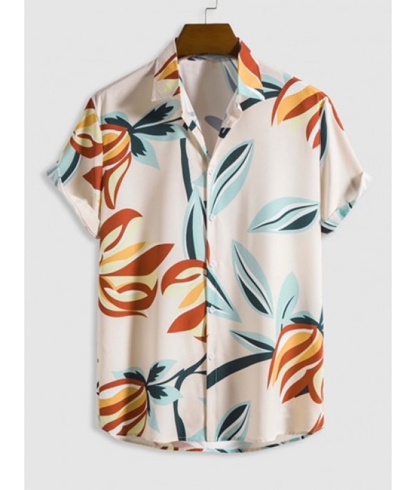 Leaves Print Hawaii Style Shirt With Tapered Pants Two Piece Set