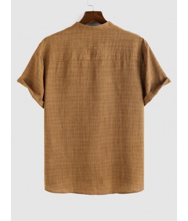 Men's Casual Plain Color Front Pocket Notch Neck Short Sleeves Pullover Shirt And Beading Drawstring Vertical Striped Vacation Ramie Pants Set