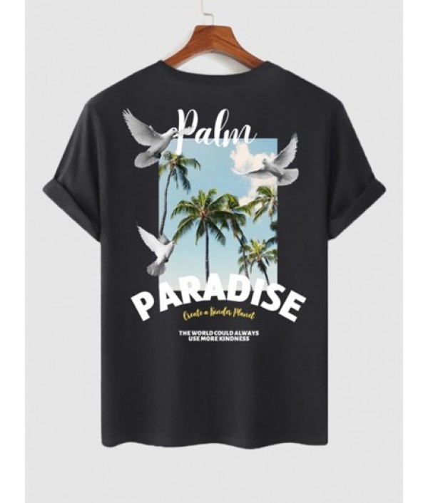 Men's Coconut Tree Letter Peace Doves Pattern Summer Vacation Short Sleeves Crew Neck T-shirt And Letter Striped Pattern Sport Sweat Shorts Set