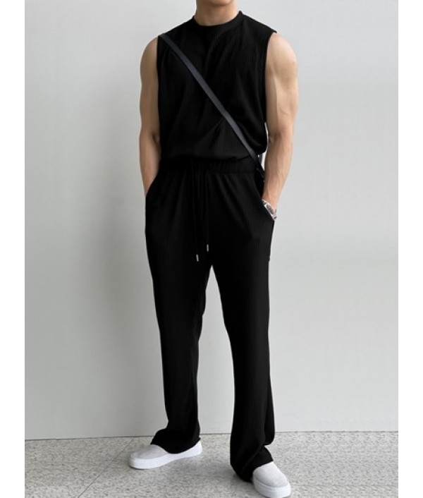 Men's Casual Basic Two Piece Set Solid Color Crew Neck Ribbed Textured Plain Tank Top Sleeveless T Shirt Drawstring Pants Set