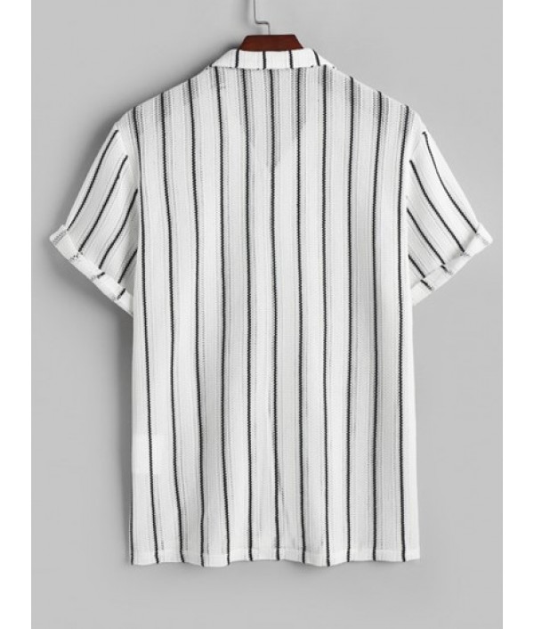 Men's Button Up Camp Collar Contrast Vertical Stripes Jacquard Semi-sheer Knit Shirt And Label Design Solid Color Drawstring Shorts Casual Set Men's Button Up Camp Collar Contrast Vertical Stripes Jacquard Semi-sheer Knit Shirt And Label Design Solid Color Drawstring Shorts Casual Set