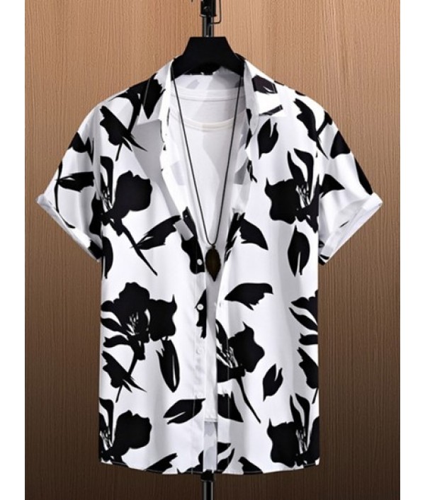 Men's Summer Beach Monochrome Floral Print Button Up Short Sleeve Shirt And Solid Color Basic Casual Bermuda Shorts Vacation Set