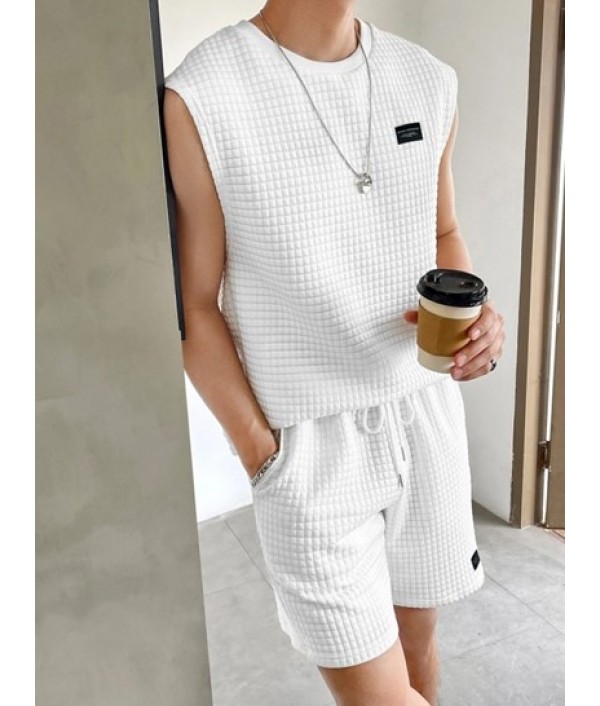 Solid Color Textured Tank Top And Shorts Sports Set Solid Color Textured Tank Top And Shorts Sports Set