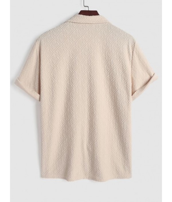 Men's Mix And Match Two Piece Set Rose Jacquard Terry Cloth Textured Button Front Short Sleeves Shirt With Solid Color Corduroy Drawstring Shorts Set