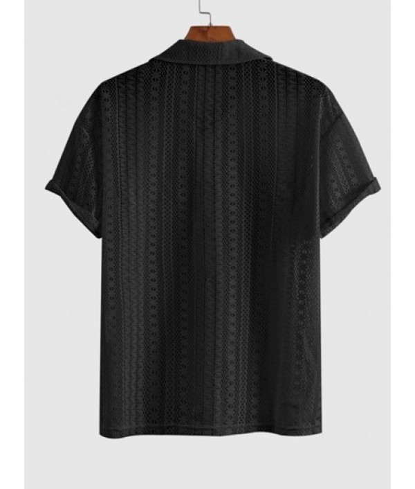 Men's Sexy Lace Sheer Openwork Short Sleeves Button Front Shirt And Basic Solid Color Drawstring Sweat Shorts Set