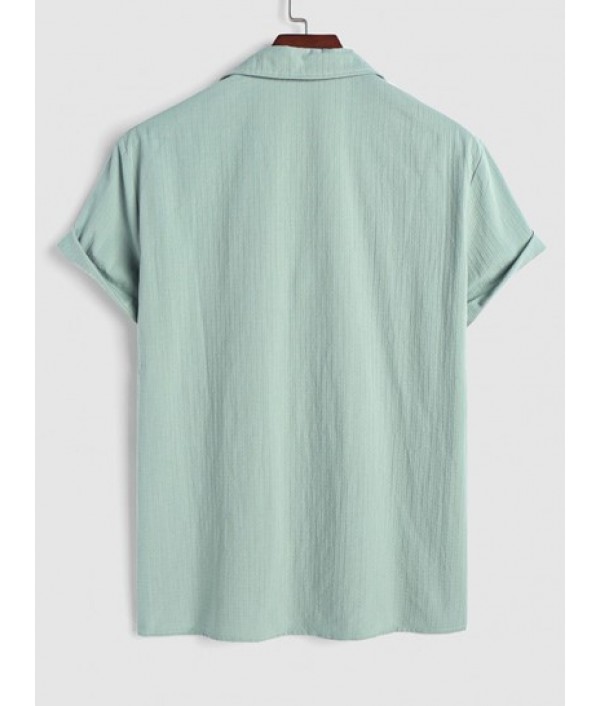 Men's Plain Color Jacquard Weave Cotton And Linen Textured Front Pocket Short Sleeves Shirt And Drawstring Pants Set