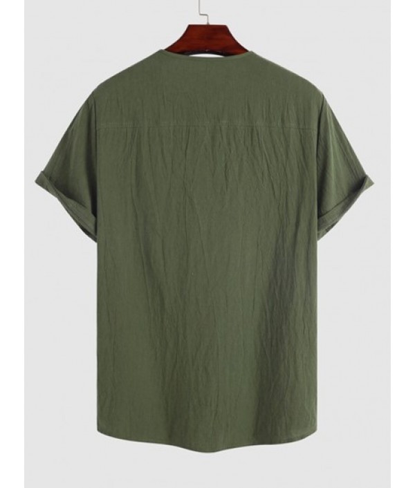 Men's Cotton And Linen Textured Half Button Short Sleeves Pullover Shirt And Multi-pockets Design Drawstring Casual Shorts Set