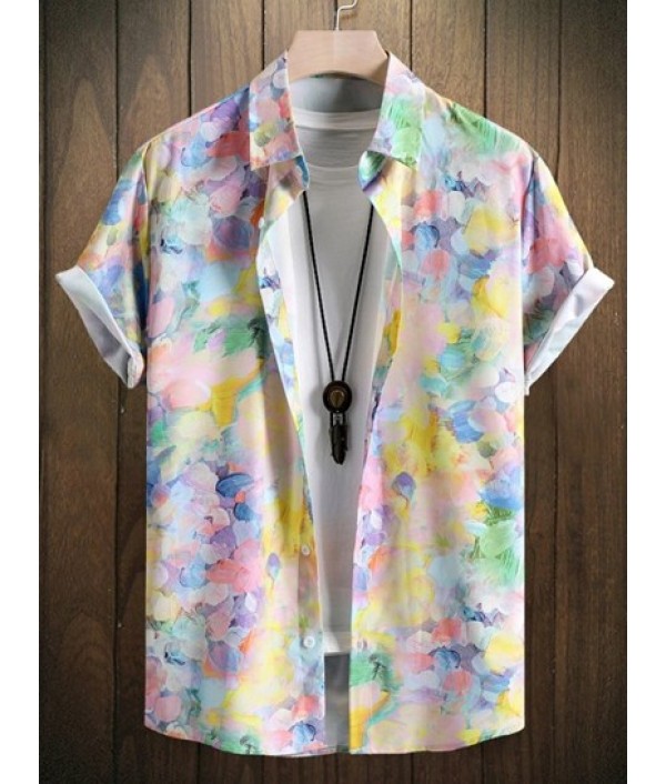 Splash Tie Dye Short Sleeves Vacation Shirt And Solid Color Basic Casual Shorts Set Splash Tie Dye Short Sleeves Vacation Shirt And Solid Color Basic Casual Shorts Set