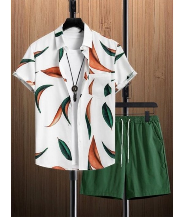 Men's Leaves Pattern Button Front Short Sleeves Shirt And Solid Color Drawstring Bermuda Shorts Vacation Beach Set