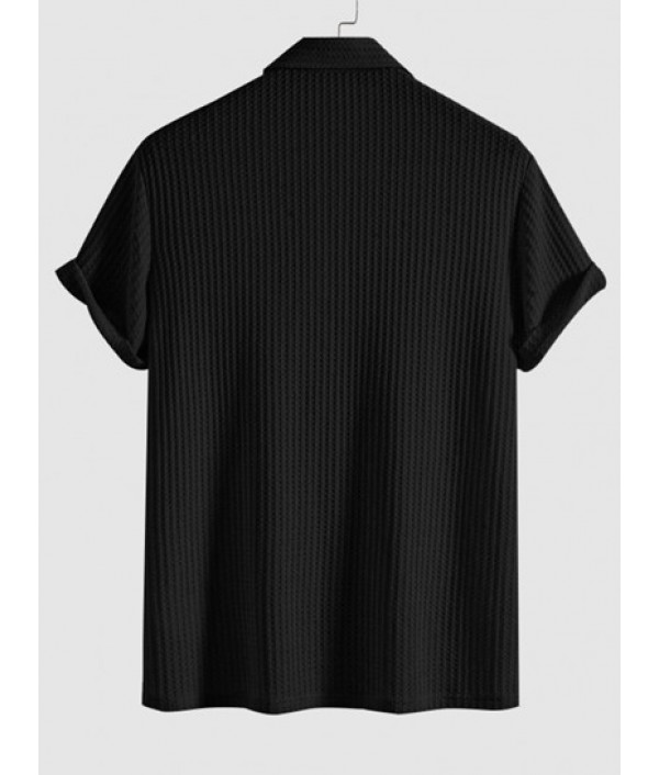 Men's Plain Color Tartan Jacquard Weave Textured Polo Collar Short Sleeves T-shirt And Solid Color Pockets Beam Feet Drawstring Streetwear Cargo Pants