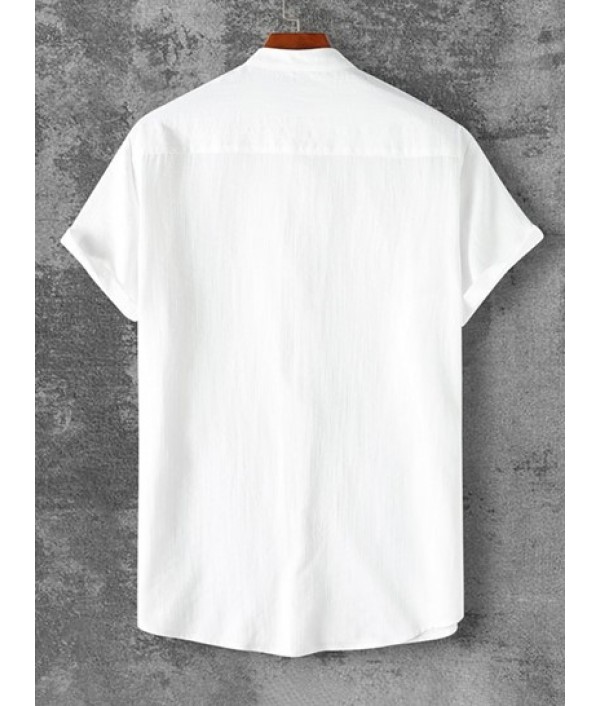 Men's Stand Collar Solid Color Buttons Short Sleeves High Low Casual Shirt And Basic Drawstring Linen Pants Set Men's Stand Collar Solid Color Buttons Short Sleeves High Low Casual Shirt And Basic Drawstring Linen Pants Set