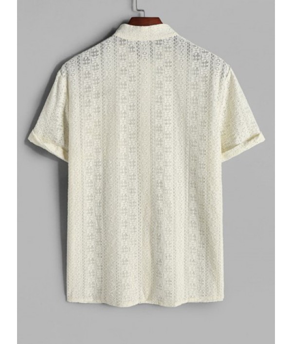 Men's Sexy Lace Co Ord Two Piece Set Stand Collar Sheer Short Sleeves Party Shirt With Openwork Shorts Set