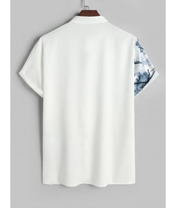 Men's Chinese Ink Wash Painting Plant Pattern Button Front Short Sleeves Shirt With Solid Color Basic Casual Shorts Set