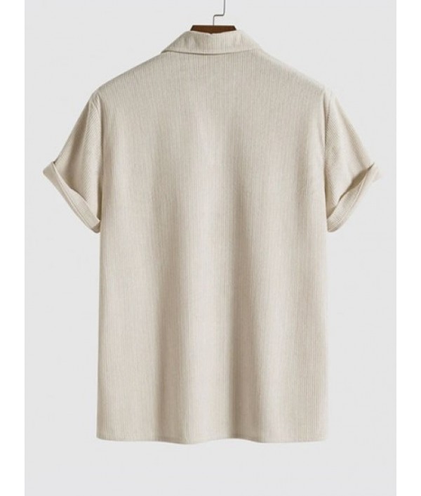 Men's V Neck Collared Corduroy Textured Solid Color Short Sleeves Plain Popover Shirt And Drawstring Corduroy Shorts Set Men's V Neck Collared Corduroy Textured Solid Color Short Sleeves Plain Popover Shirt And Drawstring Corduroy Shorts Set