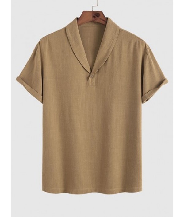 Men's Basic Minimalist Style Plain Color Shawl Collar Short Sleeves Pullover Shirt And Drawstring Pants Set Men's Basic Minimalist Style Plain Color Shawl Collar Short Sleeves Pullover Shirt And Drawstring Pants Set