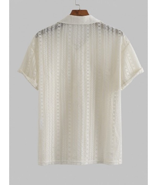 Men's Sexy See-through Lace Sheer Openwork Short Sleeves Button Front Shirt And Plaid Pattern Zip Fly Casual Pants Set Men's Sexy See-through Lace Sheer Openwork Short Sleeves Button Front Shirt And Plaid Pattern Zip Fly Casual Pants Set