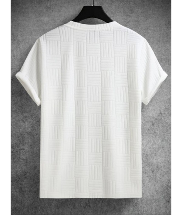 Men's Jacquard Towel Cloth Textured Short Sleeves T-shirt And Plaid Pattern Zip Fly Casual Pants Set