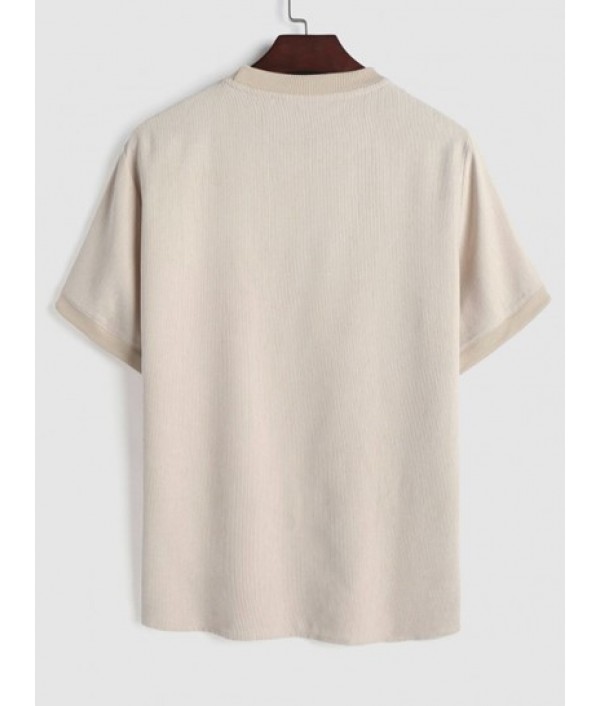 Men's Solid Color Ribbed Corduroy Short Sleeves Crew Neck T-shirt And Drawstring Pocket Plain Textured Shorts Set