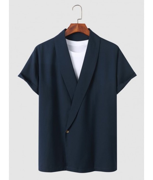 Solid Collar Single Button Shirt And Casual Shorts Set Solid Collar Single Button Shirt And Casual Shorts Set