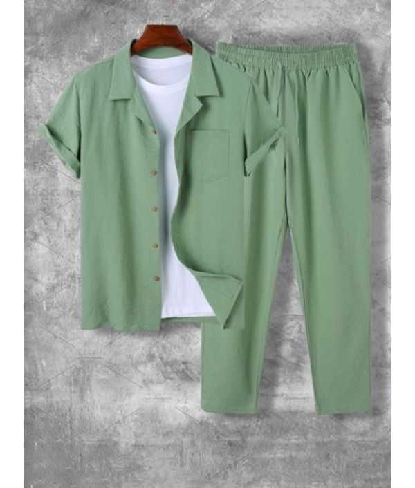 Men's Solid Color Lapel Collar Button Front Short Sleeve Shirt And Casual Pants Set